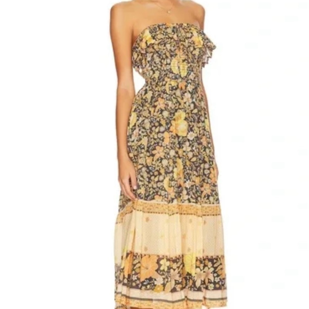 Floral Hibiscus Lane Strapless Flutter Midi Dress - Licorice